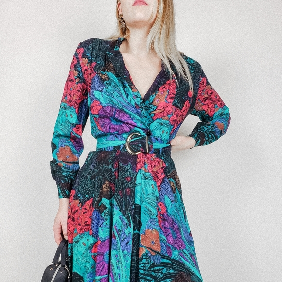 Vintage collared jewel tone pleated midi dress - Picture 7 of 8